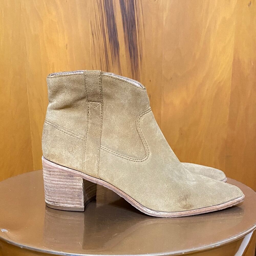 Madewell Tan Suede Leather Ankle Booties Wood Stacked Heel 2.5” Inner Zipper